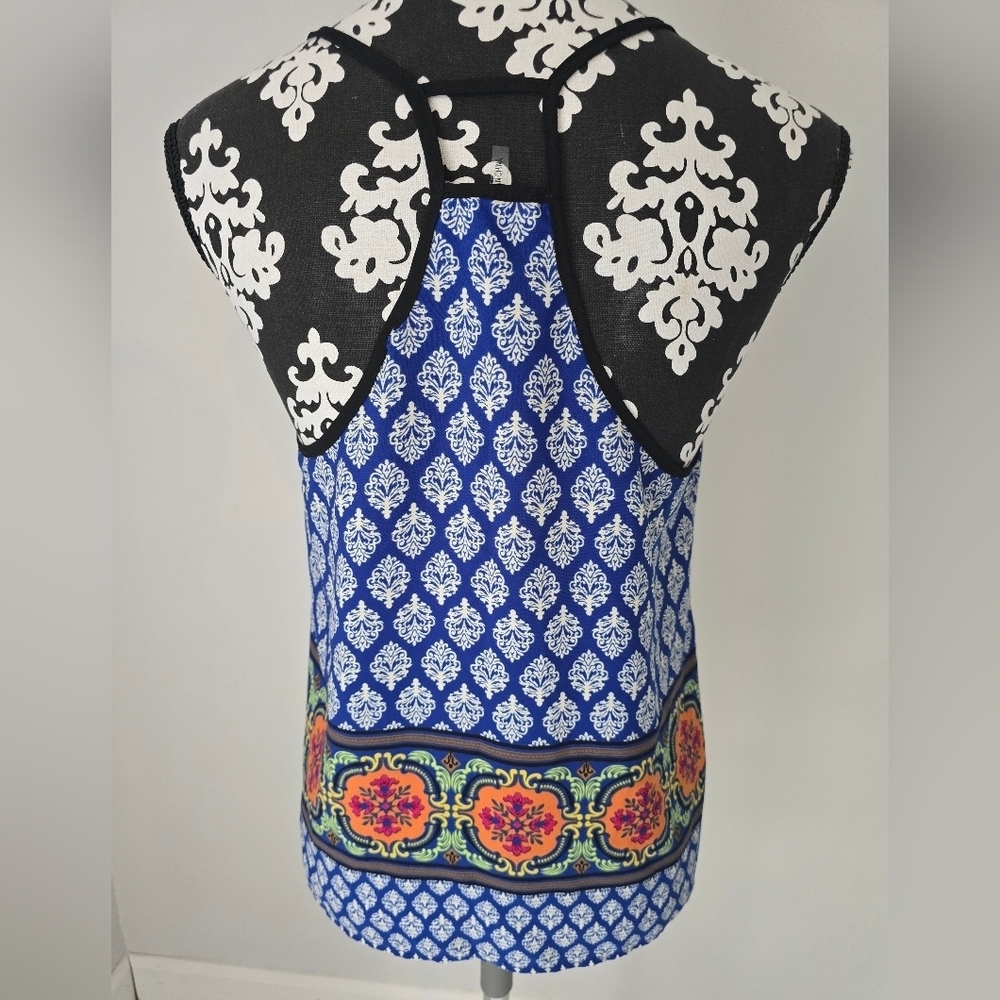 Love Treeblue camisole top with white diamond pattern colorful border size S r - Picture 2 of 6